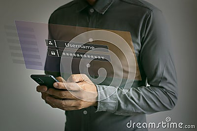 Man using mobile phone logging in for data protection and cyber security network security data protection User login protection of Stock Photo